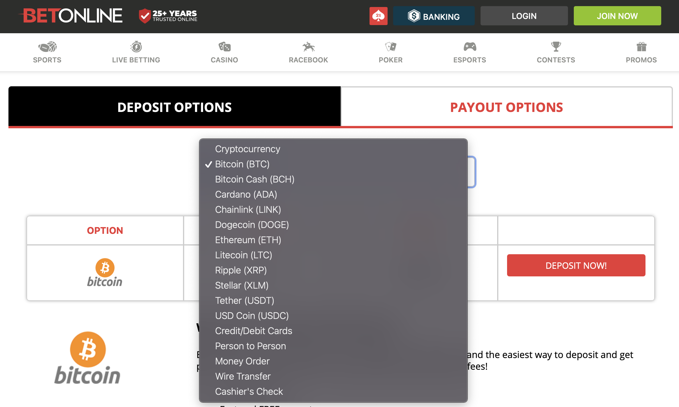 BetOnline Banking Options