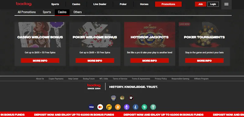 Bodog Casino Ongoing Offers screenshot