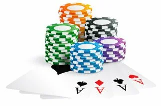 Multi-Colored Chips and Four Aces Playing Cards